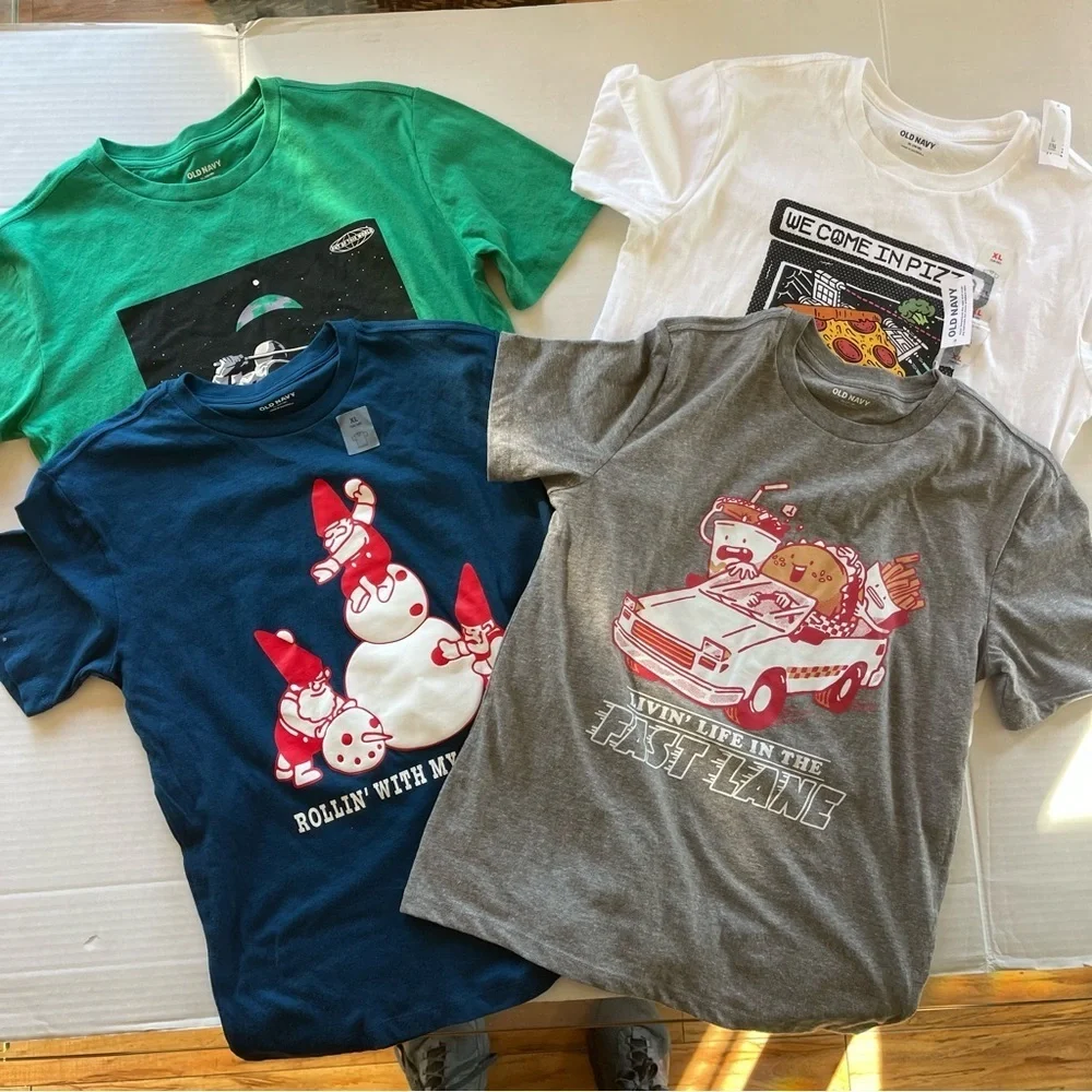 Old Navy Set Of 4 Graphic Kids T-Shirts Set - Green, White, Blue, Gray SZ XL